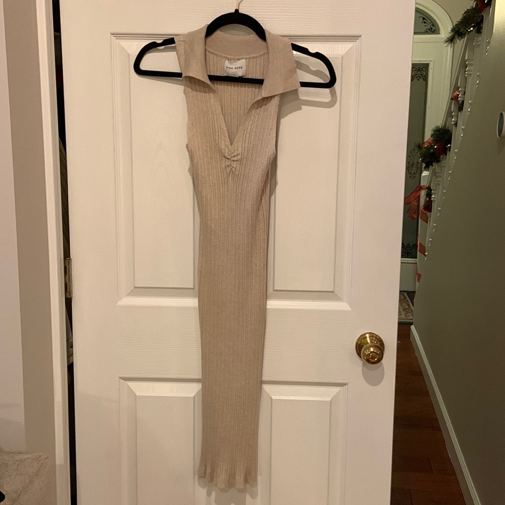 Pink Rose brand ribbed collared sleeveless dress, tan - size S